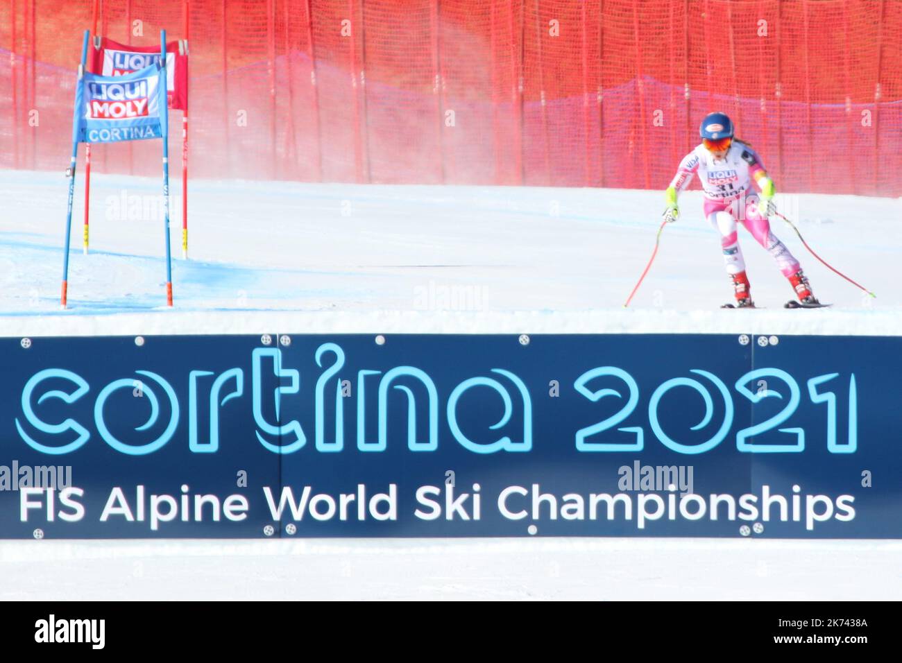 Audi FIS coupe du monde de ski Dames Super-G à Cortina d'Ampezzo, on 29 janvier 2017. Ilka Stuhec, de Slovénie, a devancé Sofia Goggia, de l'Autriche, Anna Veith, troisième. Le nouvel ami de Lindsey Vonn, Kenan Smith, assistant de Los Angeles Rams (NFL) était là. Photo : Mikaela Shiffrin Banque D'Images