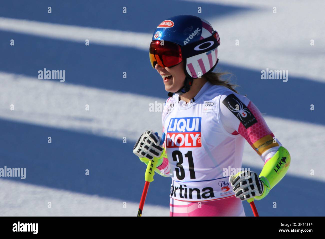 Audi FIS coupe du monde de ski Dames Super-G à Cortina d'Ampezzo, on 29 janvier 2017. Ilka Stuhec, de Slovénie, a devancé Sofia Goggia, de l'Autriche, Anna Veith, troisième. Le nouvel ami de Lindsey Vonn, Kenan Smith, assistant de Los Angeles Rams (NFL) était là. Photo : Mikaela Shiffrin Banque D'Images