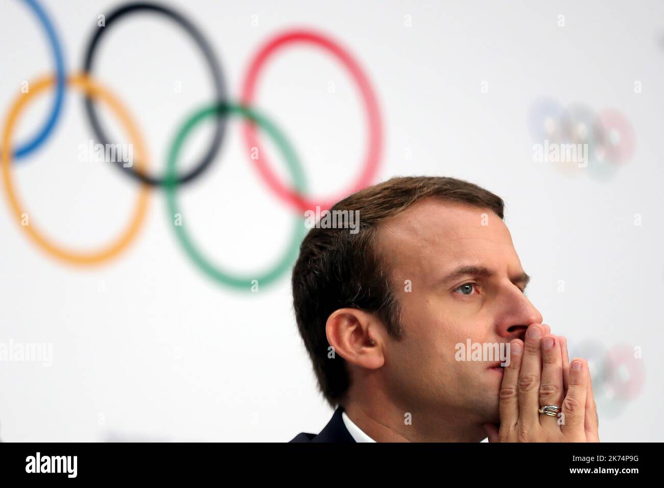 Le président français Emmanuel Macron présente au CIO la candidature de Paris 2024 aux Jeux olympiques Banque D'Images