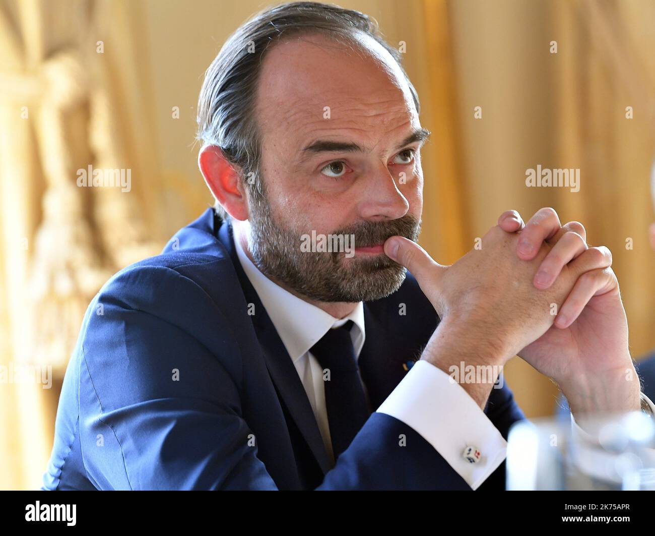 Photo au cours d'une interview avec le Premier ministre de France Edouard Philippe dans son bureau à Matignon. Banque D'Images