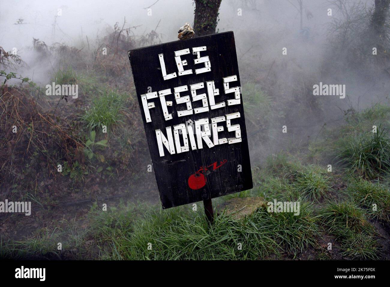 Les manifestants se protègent des gaz lacrymogènes sur la route D281 lorsqu'ils s'opposent à la police anti-émeute dans la ZAD (zone de défense a) à notre-Dame-des-Landes, dans l'ouest de la France, sur 9 avril 2018. Plus de 2 000 policiers français ont pris part à 9 avril à l'expulsion des derniers récalcitrants d'un camp anticapitaliste sur le site d'un projet d'aéroport abandonné près de la ville occidentale de Nantes. Les officiers ont essaié le site de notre-Dame-des-Landes avant l'aube pour expulser environ 100 des manifestants qui l'avaient occupé pour empêcher la construction d'un aéroport controversé, puis ont refusé de quitter un Banque D'Images