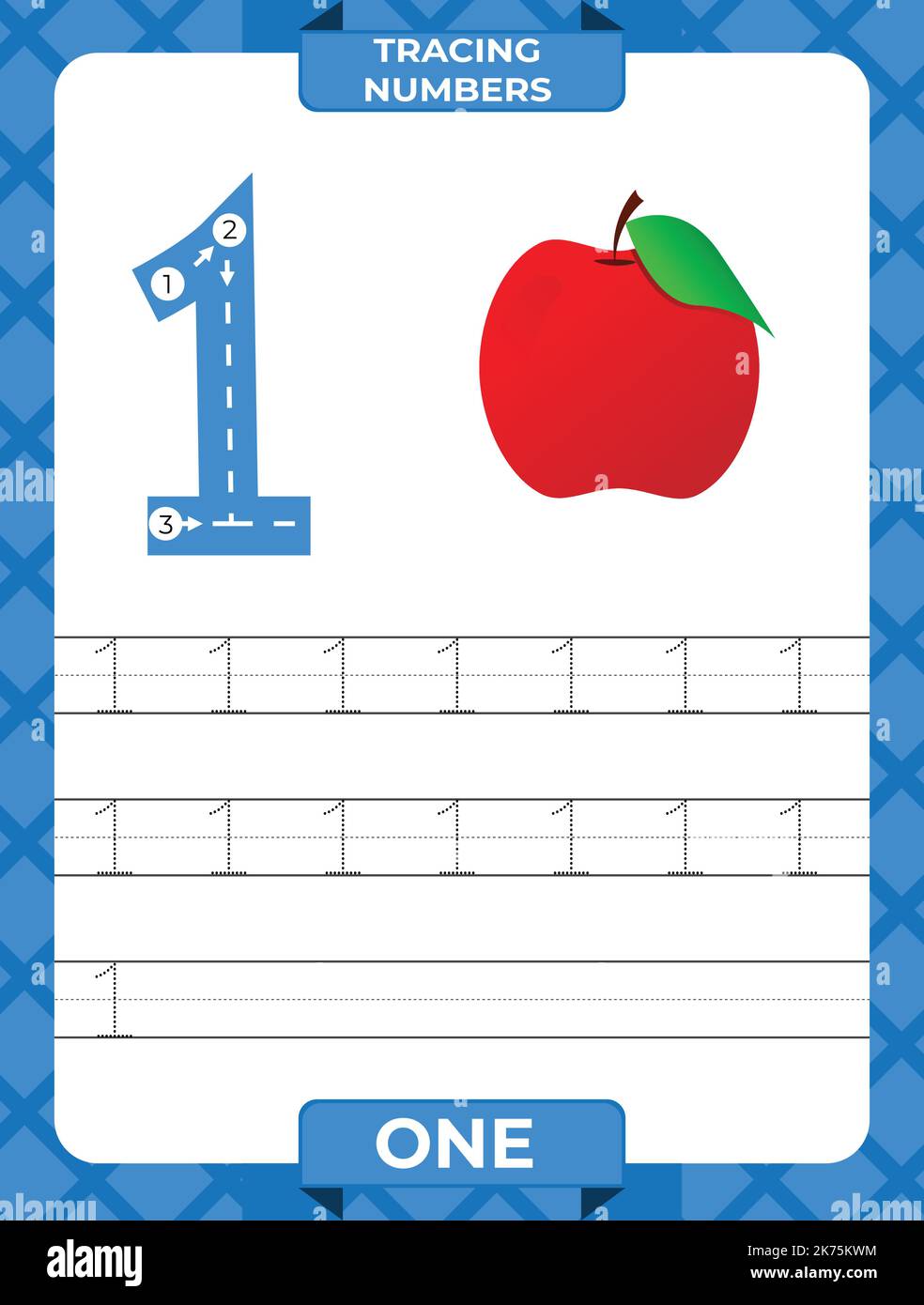 Tracé numéro 1, feuille de travail pour les numéros d'apprentissage, matériel d'apprentissage pour les enfants, page d'activités pour les enfants. Illustration de Vecteur