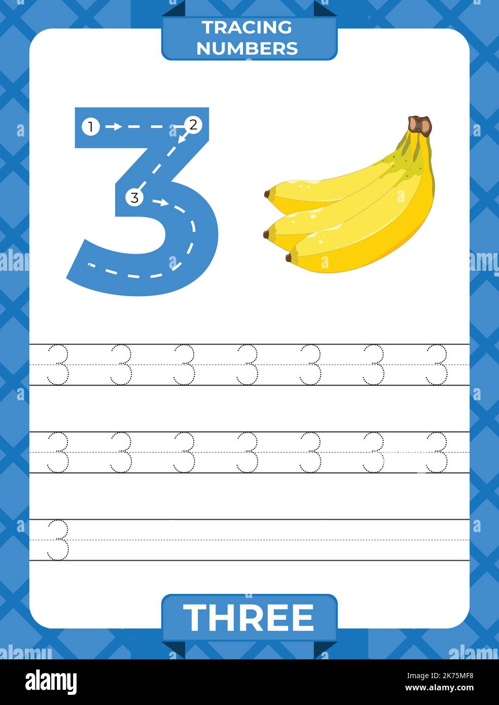 Tracé numéro 3, feuille de travail pour les numéros d'apprentissage, matériel d'apprentissage pour les enfants, page d'activités pour les enfants. Illustration de Vecteur