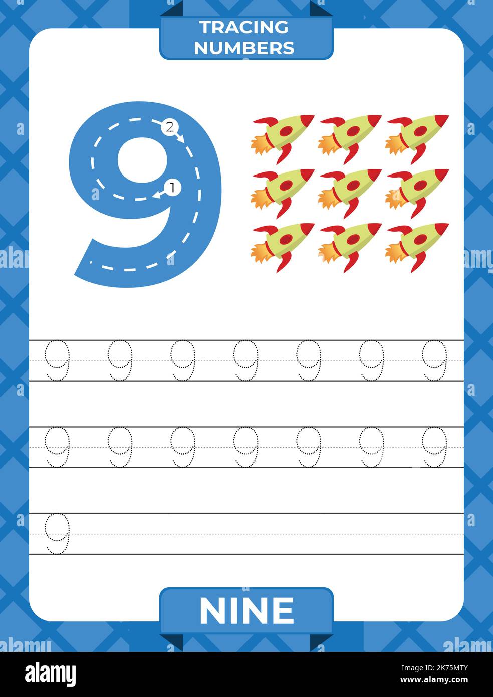 Tracé numéro 9, feuille de travail pour les numéros d'apprentissage, matériel d'apprentissage pour les enfants, page d'activités pour les enfants. Illustration de Vecteur
