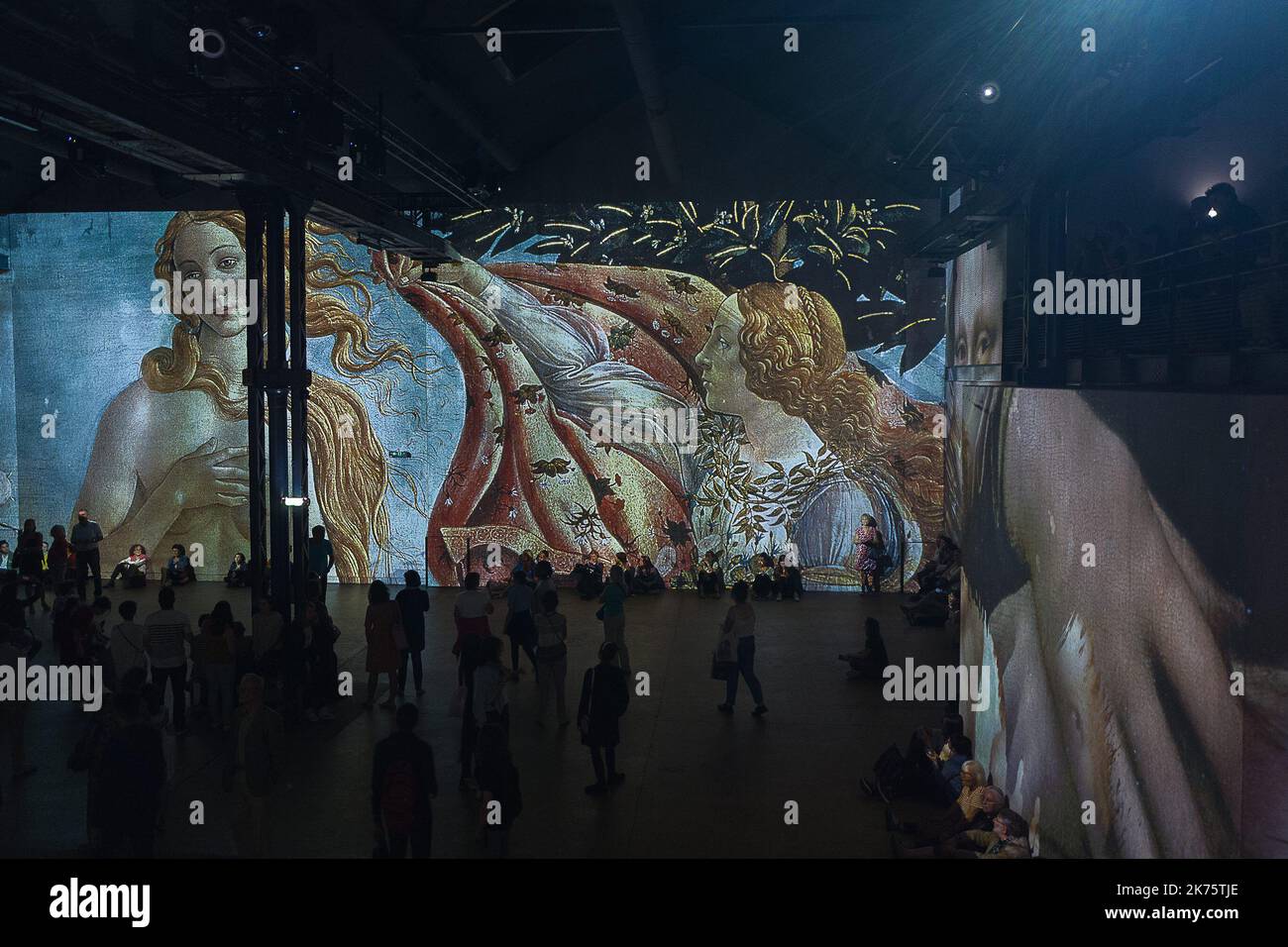 Exposition inaugurale qui rend hommage à l'artiste autrichien Gustav Klimt à l'atelier des Lumières à Paris, France, 30 mai 2018. L'atelier de Lumières a ouvert ses portes au public le 13 avril 2018 et tiendra des expositions immersives monumentales. Grâce à 120 projecteurs vidéo et un système audio spatialisé, l'équipement multimédia unique couvre une surface totale de 3 300 m2, allant du sol au plafond et sur les murs jusqu'à dix mètres de haut. Banque D'Images