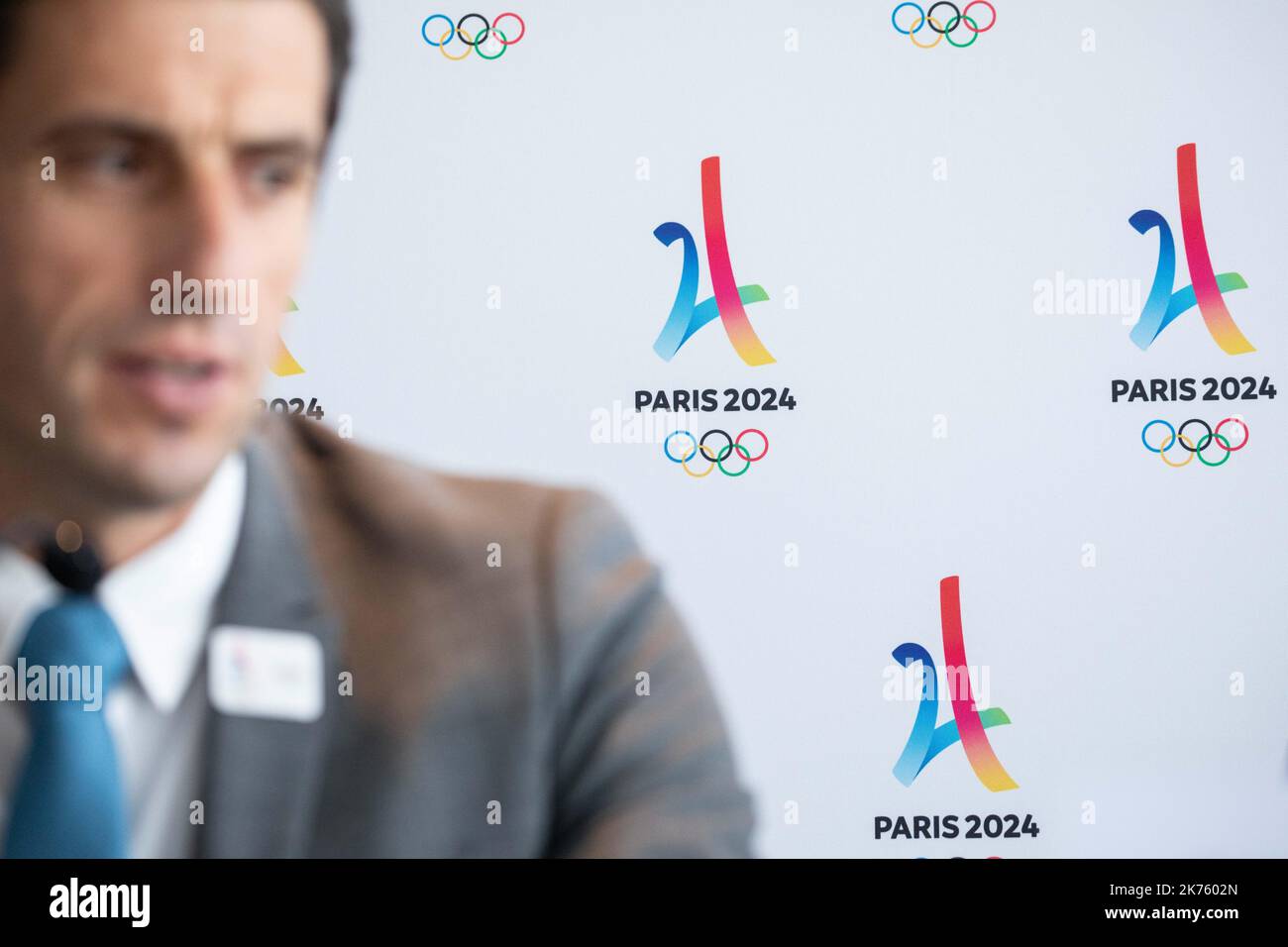 Conférence de presse sur l’organisation des Jeux Olympiques à Paris en 2024, à l’occasion de la visite de la commission de coordination du CIO. En présence de Tony Estanguet Président de Paris 2024, à Paris, le 18 juin 2018. Banque D'Images