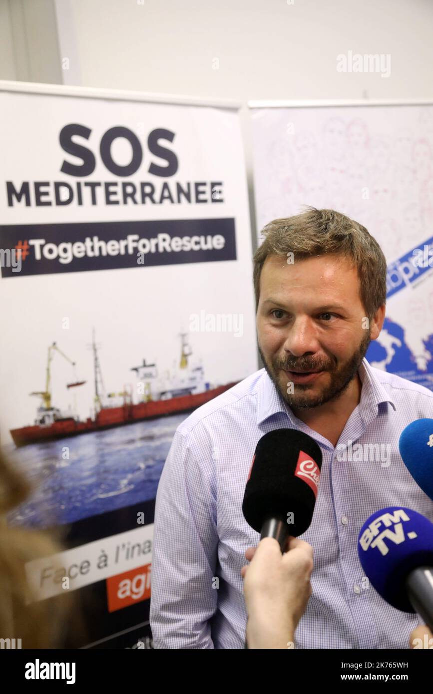 Une conférence de presse est organisée par SOS Méditerranée, une organisation qui aide les immigrants voyageant d'Afrique dans les opérations de sauvetage de recherche, pour le nouveau navire: Aquarius le 1 août 2018. Banque D'Images