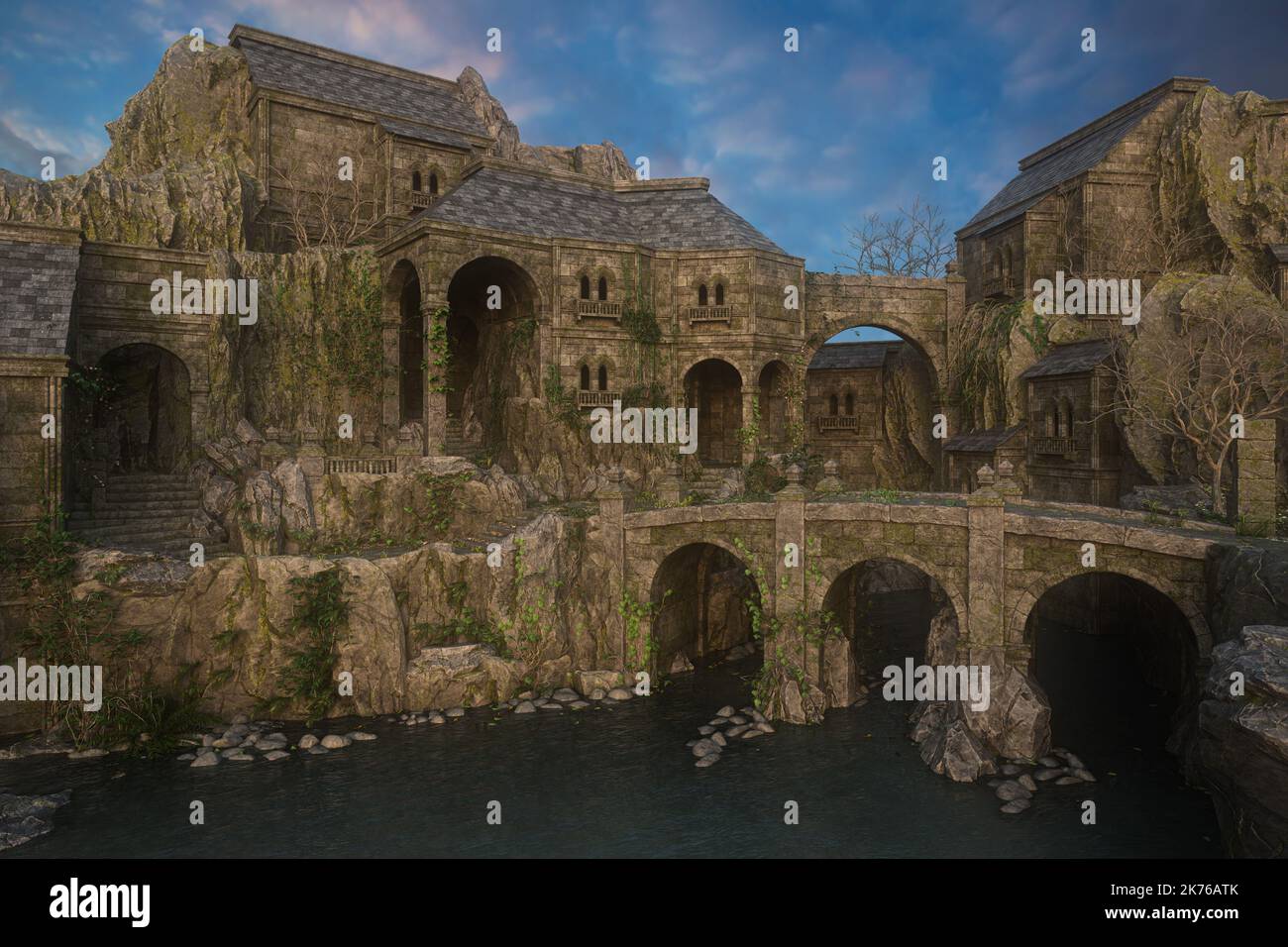 Château médiéval de fantaisie construit dans une gorge de montagne avec un pont au-dessus d'une rivière. 3D rendu. Banque D'Images