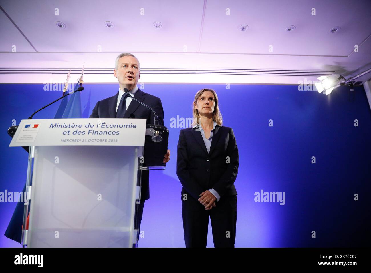 Le Ministre de l'Economie et des Finances Bruno le Maire, et le Secrétaire d'Etat au Ministre de l'Economie et des Finances Agnes Pannier Runacher lors d'une réunion des parties prenantes dans le rétablissement de l'Ascierie Ascoval à Bercy, France sur 31 octobre 2018. Banque D'Images