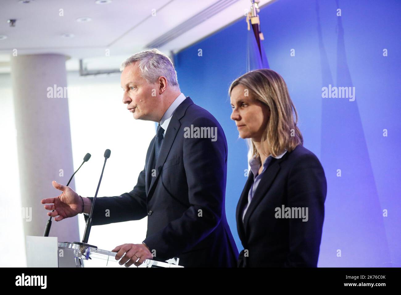 Le Ministre de l'Economie et des Finances Bruno le Maire, et le Secrétaire d'Etat au Ministre de l'Economie et des Finances Agnes Pannier Runacher lors d'une réunion des parties prenantes dans le rétablissement de l'Ascierie Ascoval à Bercy, France sur 31 octobre 2018. Banque D'Images