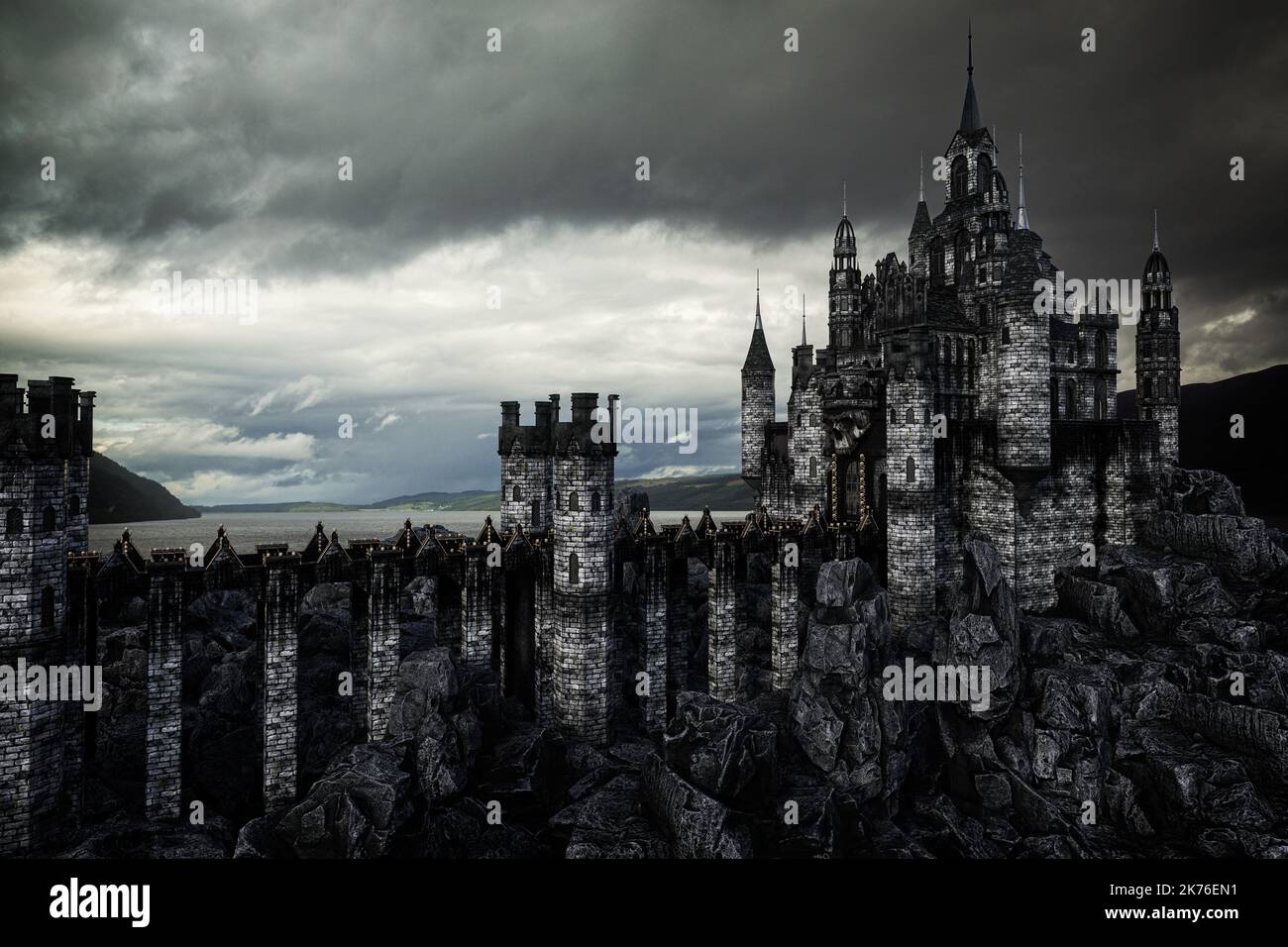 Dark FANTASY château médiéval dans le paysage rocheux par un lac avec des nuages gris moody. 3D illustration. Banque D'Images