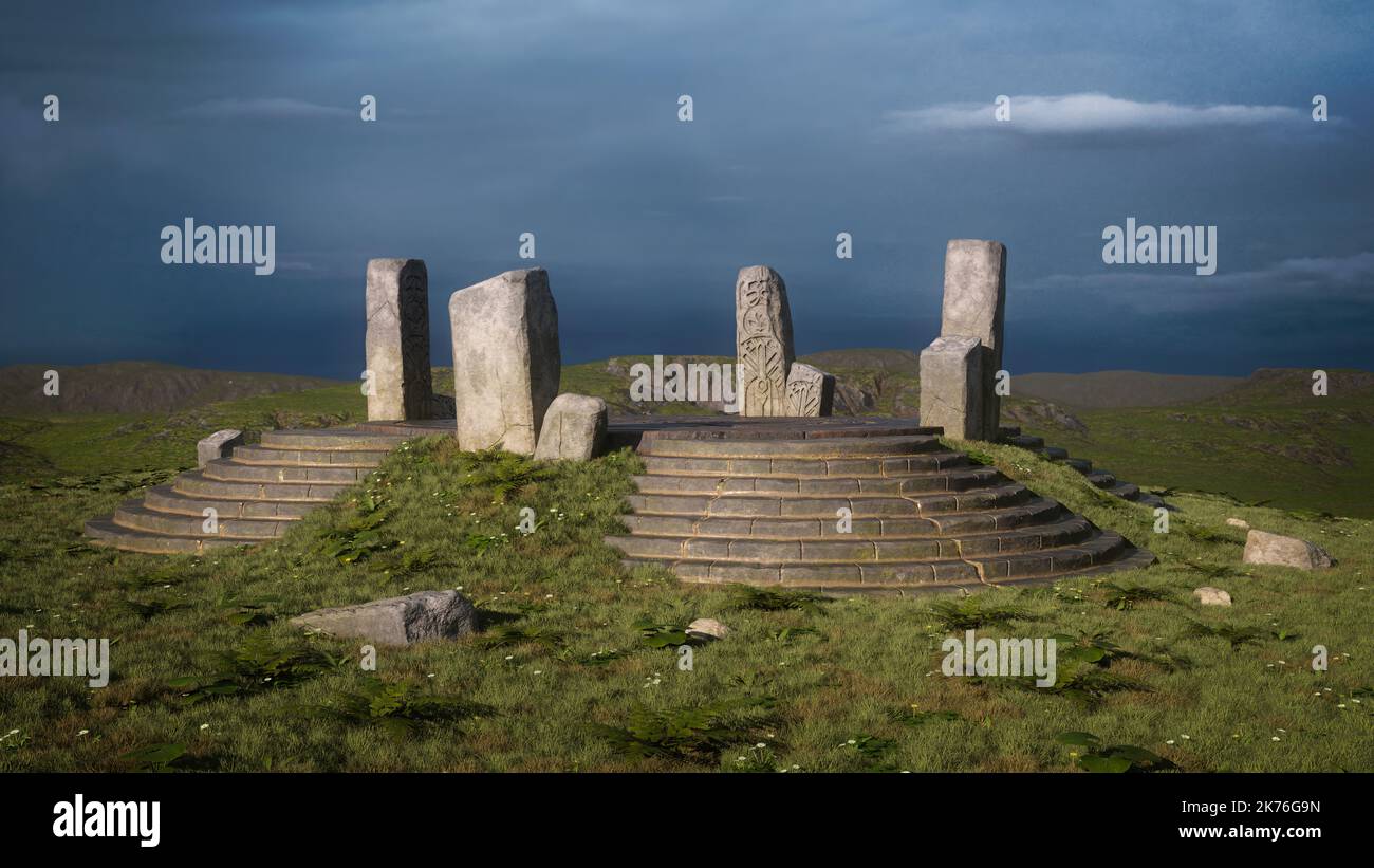 Temple de fantaisie mystique avec des pierres debout dans un paysage sauvage de hautes terres sous ciel gris orageux. 3D rendu. Banque D'Images