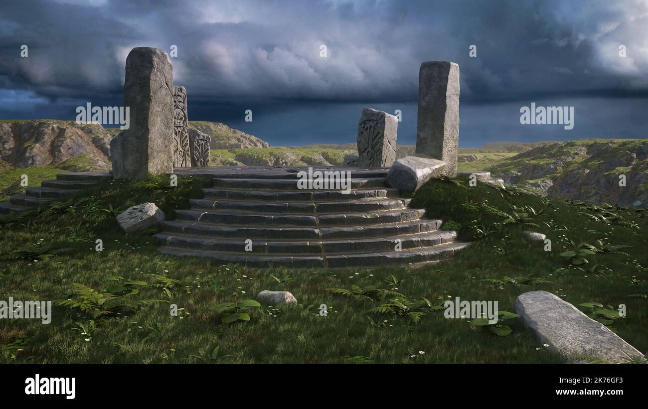 3D illustration d'un ancien temple de cercle de pierre de fantaisie mystique dans un paysage de montagne sous ciel orageux. Banque D'Images