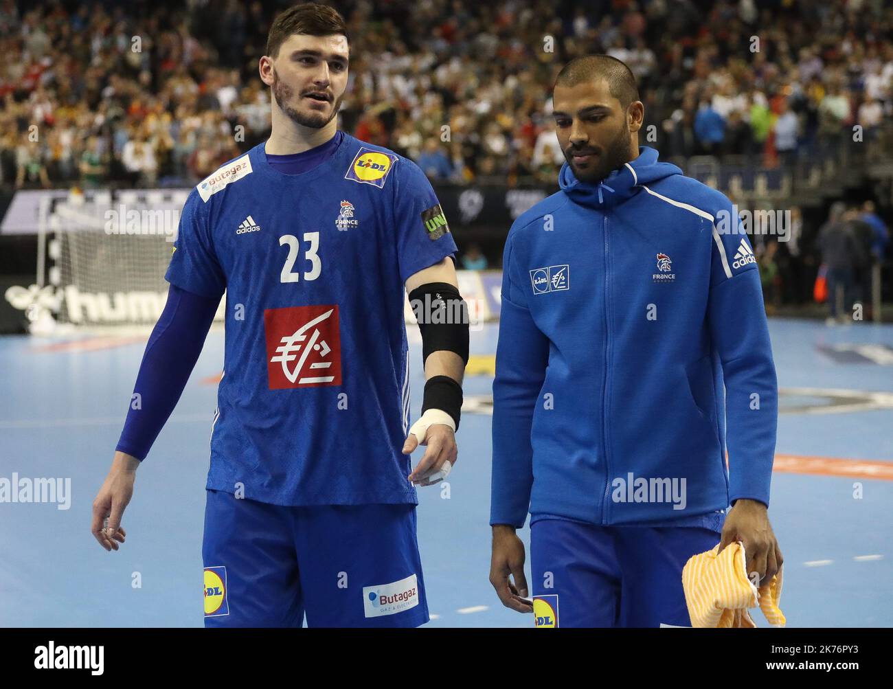 Ludovic Fabregas et Nicolas Claire (France) lors du Championnat du monde 2019 de l'IHF, Group A handball match entre l'Allemagne et la France sur 15 janvier 2019 à l'arène Mercedes-Benz à Berlin, en Allemagne Banque D'Images