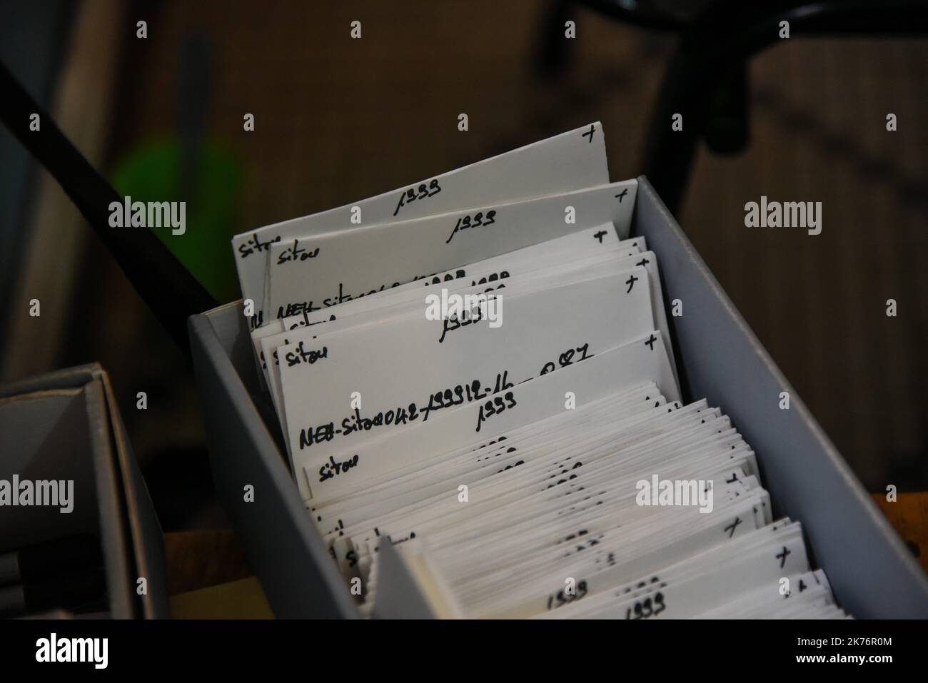 Une fois la photo numérisée, les références de la photographie, de l'auteur, de l'année et une description de la photo sont inscrites sur l'enveloppe. L'enveloppe est alors placée dans une boîte, elle-même numérotée. Banque D'Images