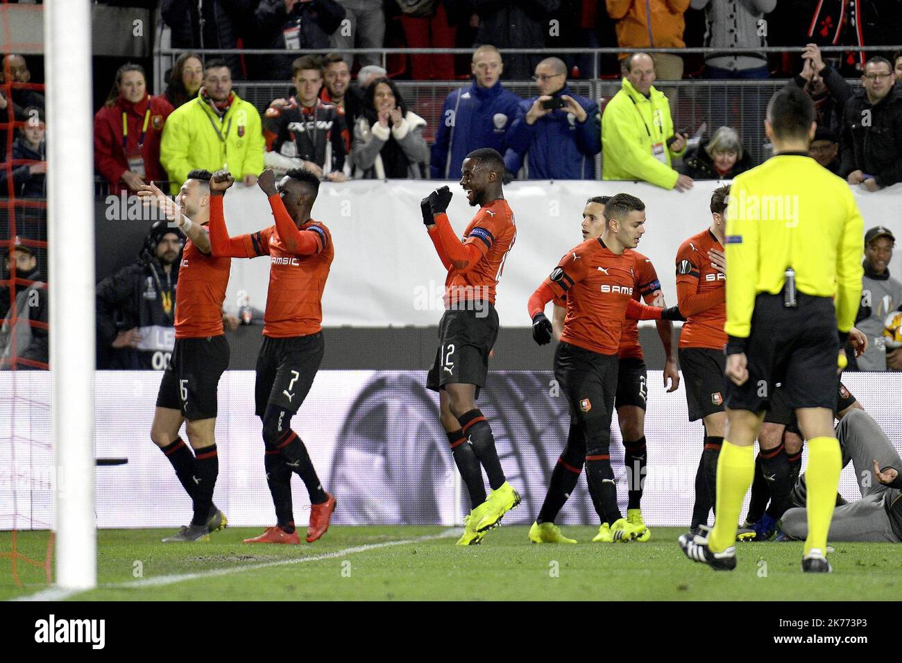 Action entre Rennes et Arsenal dans la Ligue UEGA Europa Round de 15, première étape du stade Stade de la route de Lorient sur 7 mars 2019. Banque D'Images