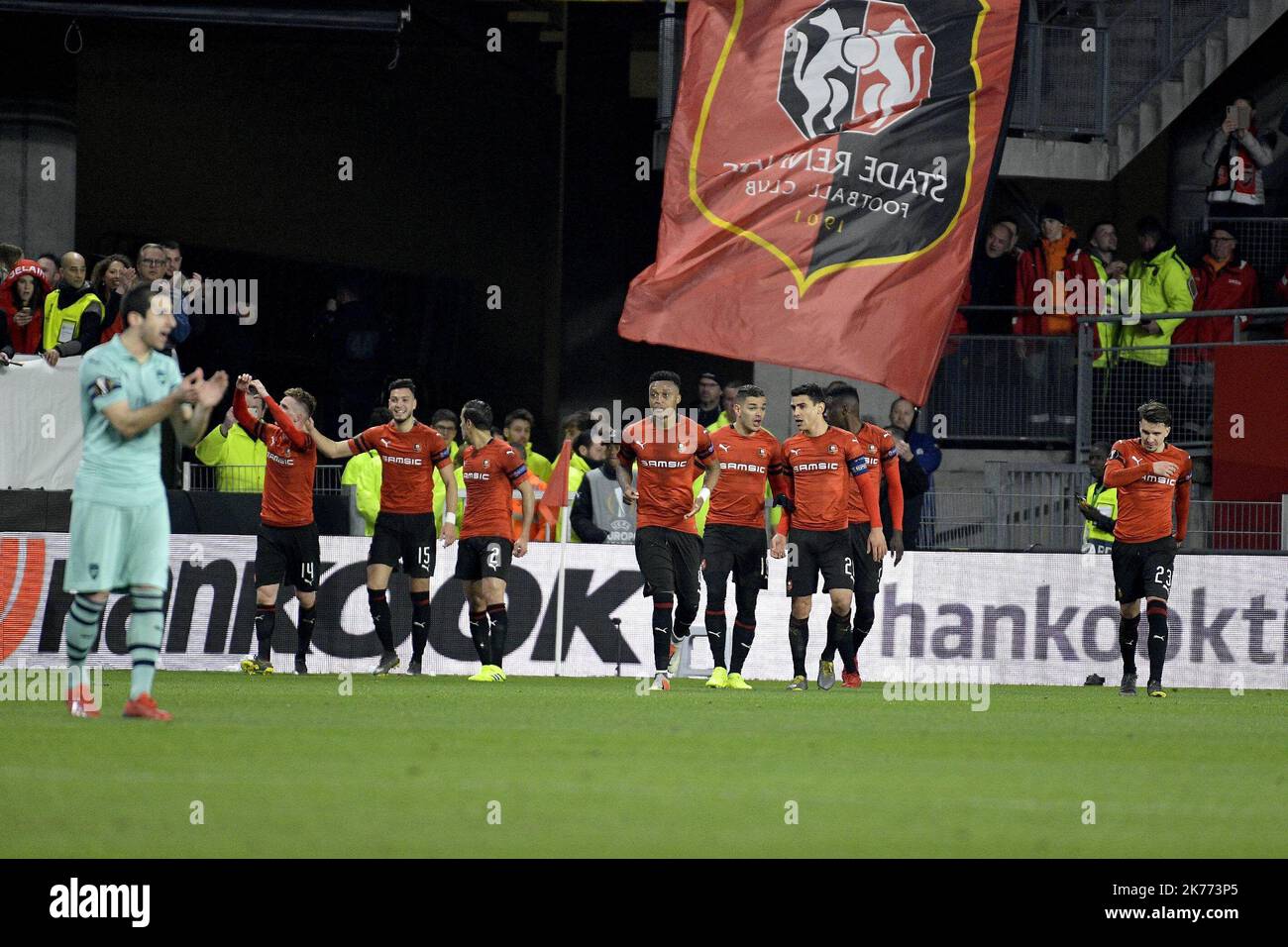 Action entre Rennes et Arsenal dans la Ligue UEGA Europa Round de 15, première étape du stade Stade de la route de Lorient sur 7 mars 2019. Banque D'Images