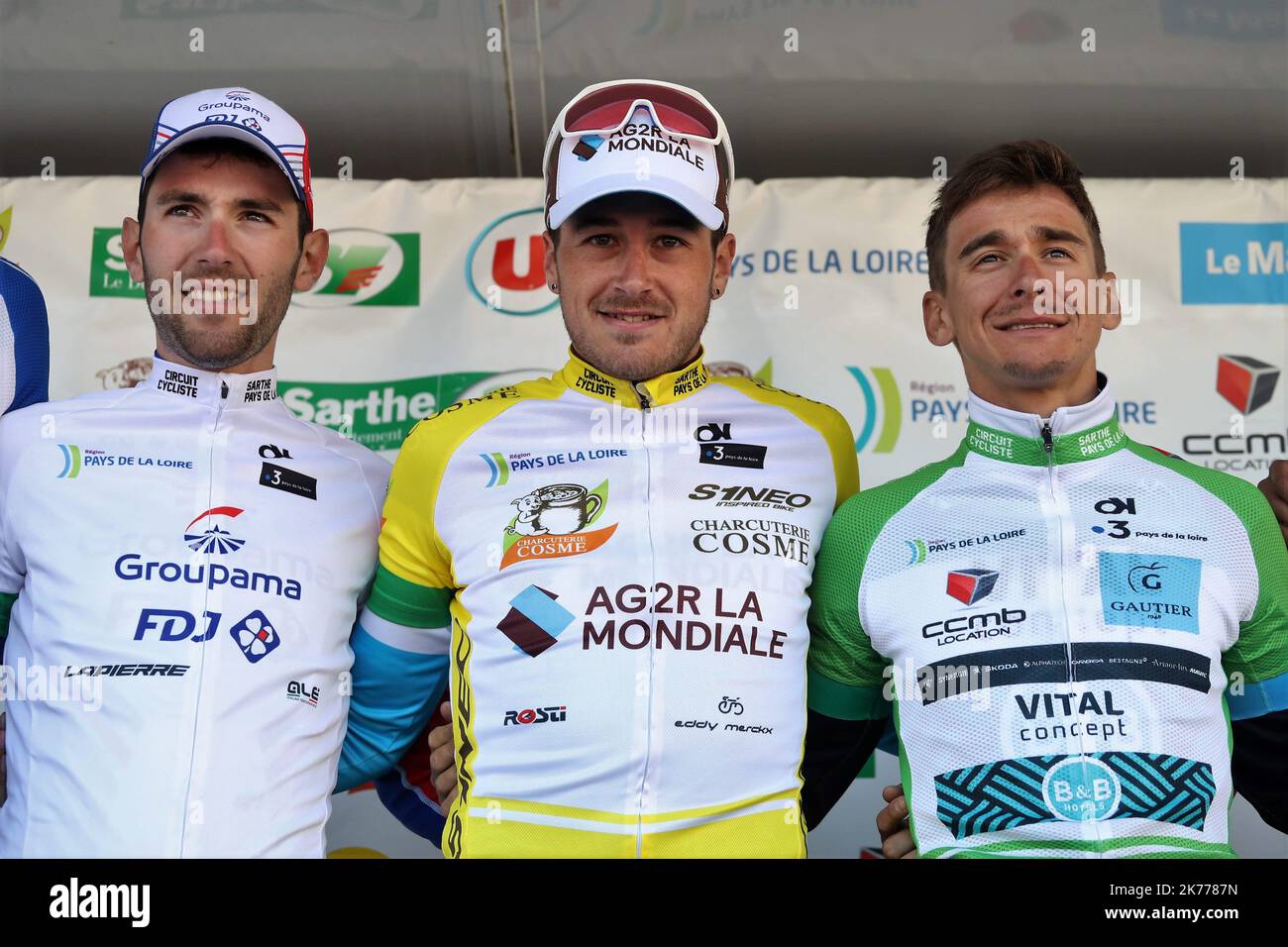 ©Laurent Lairys/MAXPPP - Benjamin Thomas de Groupama - FDJ ,Alexis Gougeard de AG2R la mondiale et Bryan Coquard de Vital concept -B&B Hôtels pendant le circuit Sarthe pays de la Loire 2019 course cycliste, 4th scène, Sillé-le-Guillaume – Sillé-le-Guillaume (Sarthe, 183,3 km) sur 12 avril 2019 à Sillé-le-Guillaume, France - photo Laurent Lairys / MAXPPP *** Légende locale *** Banque D'Images