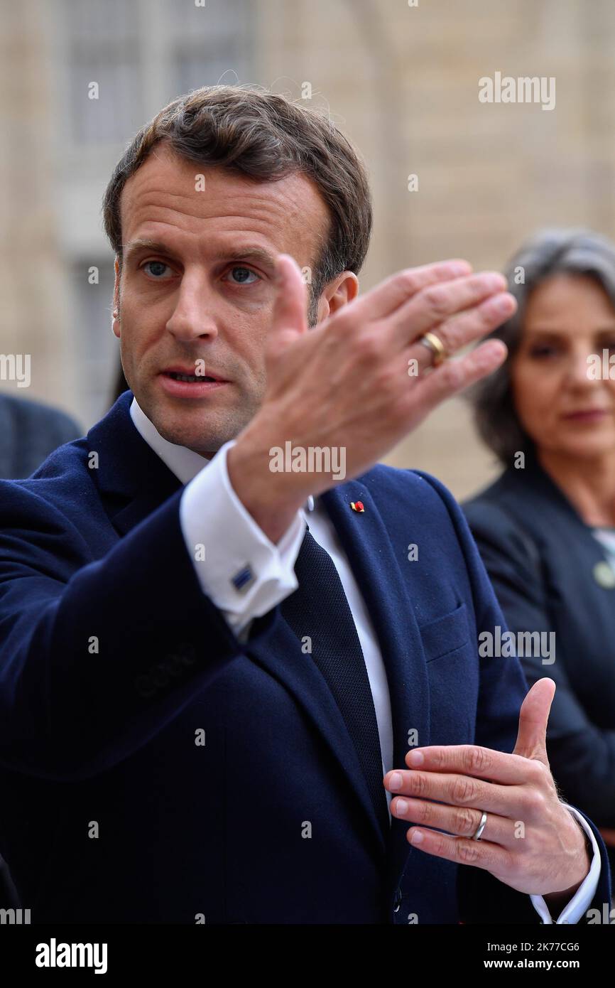 Le Président de la République française, Emmanuel Macron, a reçu la délégation des scientifiques de l'IPBES (plate-forme intergouvernementale sur la biodiversité et les services écosystémiques) à l'Elysée, à 06 mai 2019 Banque D'Images