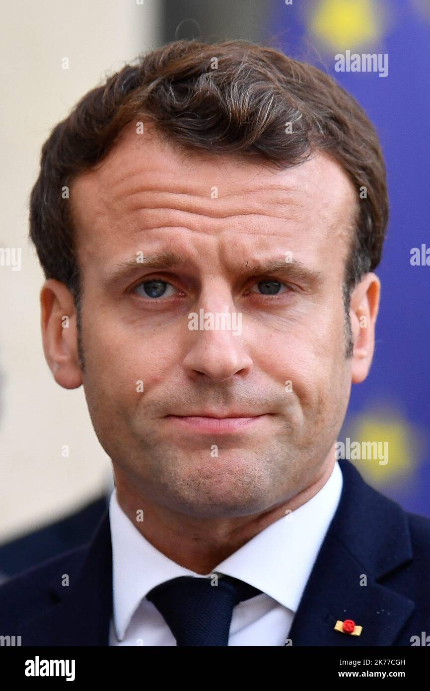 Le Président de la République française, Emmanuel Macron, a reçu la délégation des scientifiques de l'IPBES (plate-forme intergouvernementale sur la biodiversité et les services écosystémiques) à l'Elysée, à 06 mai 2019 Banque D'Images