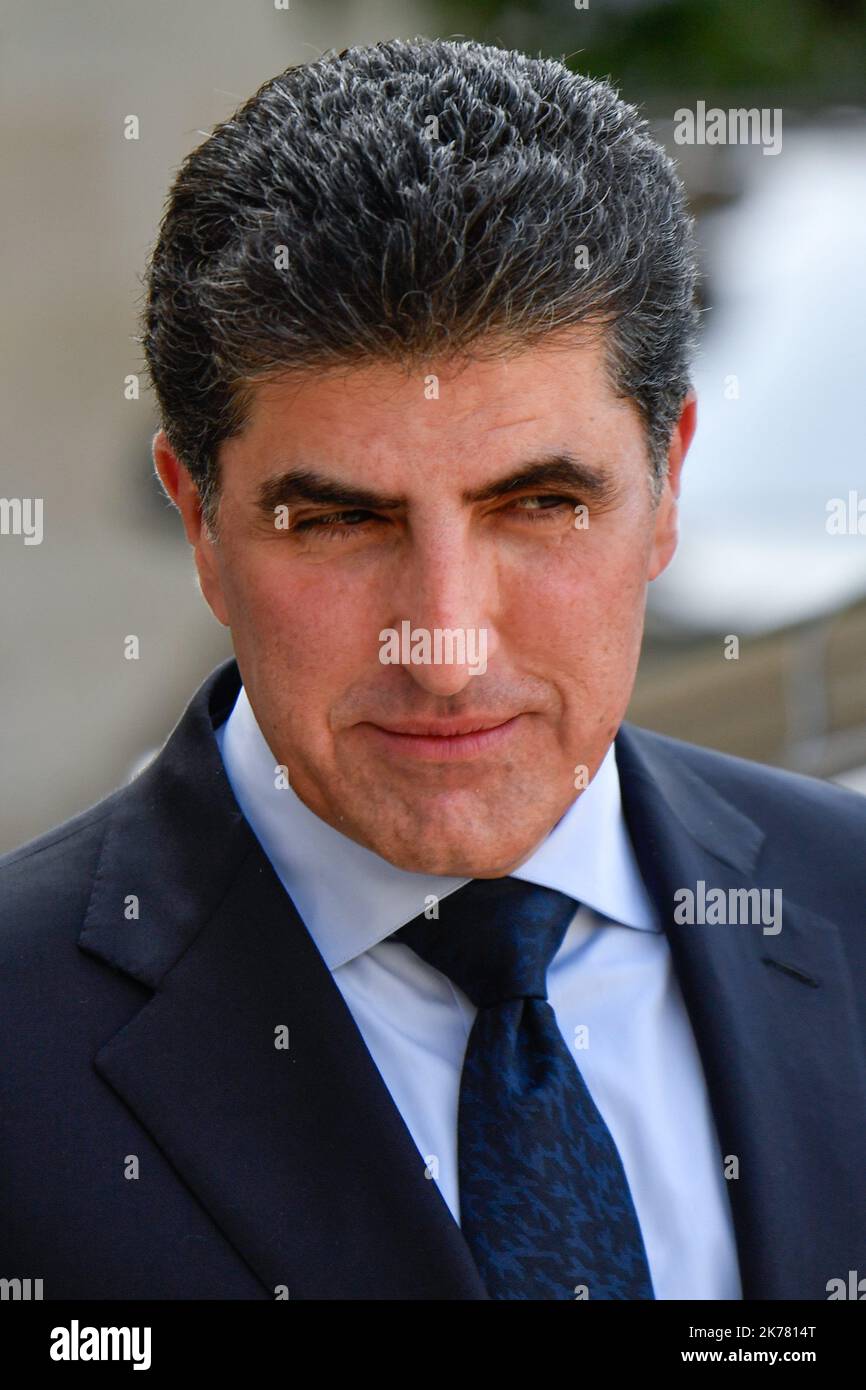 Le Président de la République, Emmanuel Macron, a reçu le Président du Gouvernement régional du Kurdistan de l'Iraq, M. Nechirvan Barzani, à propos de 10 juillet 2019, à l'Elysée. Banque D'Images