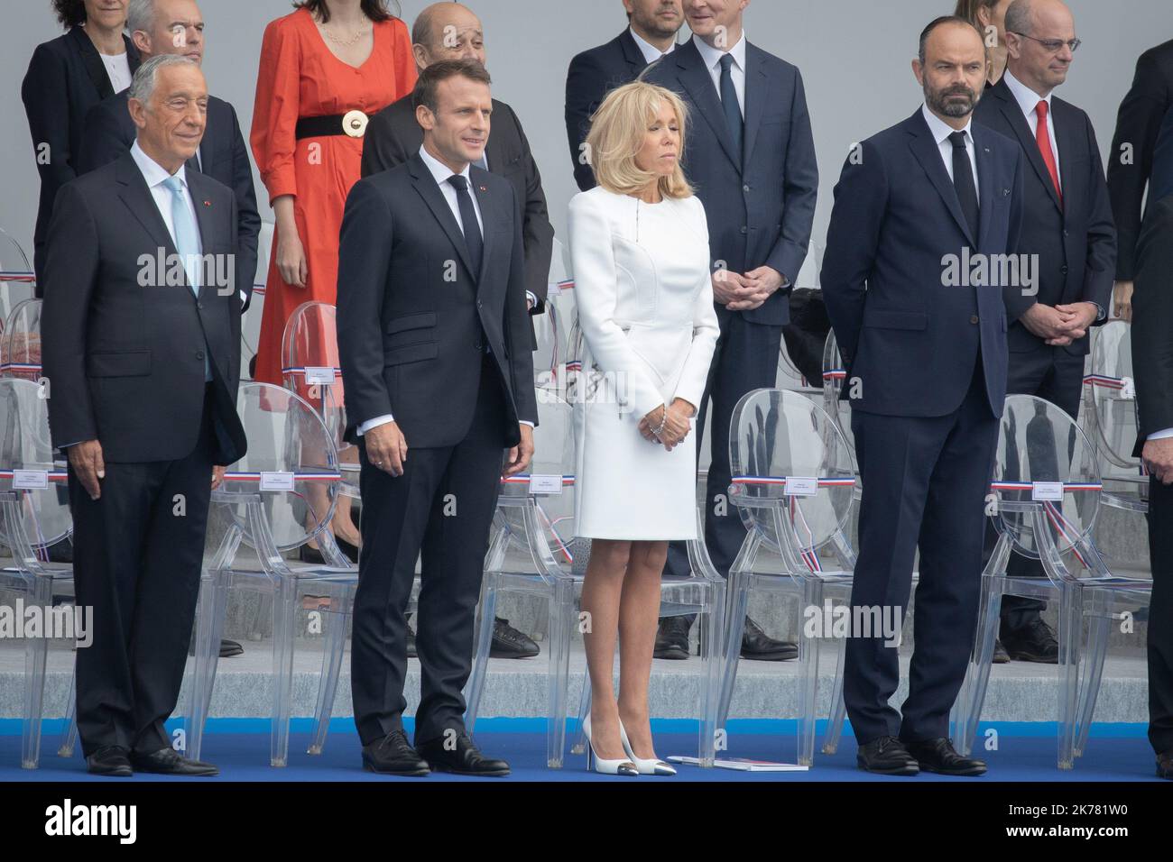 ©PHOTOPQR/LE PARISIEN/Fred Dugit ; politique place de la concorde Paris VIIIe, le 14 juillet 2019 Cérémonie du 14 juillet la chancellière allemande Angela Merkel, le président du Portugal Marcelo Rebelo de Sousa, le président Emmanuel Macron, Son épouse Brigitte Macron et le premier ministre Edouard Philippe photo LP / Fred Dugit le défilé militaire annuel de la Bastille le dimanche, 14 juillet 2019 sur l'avenue des champs-Elysées à Paris. Banque D'Images