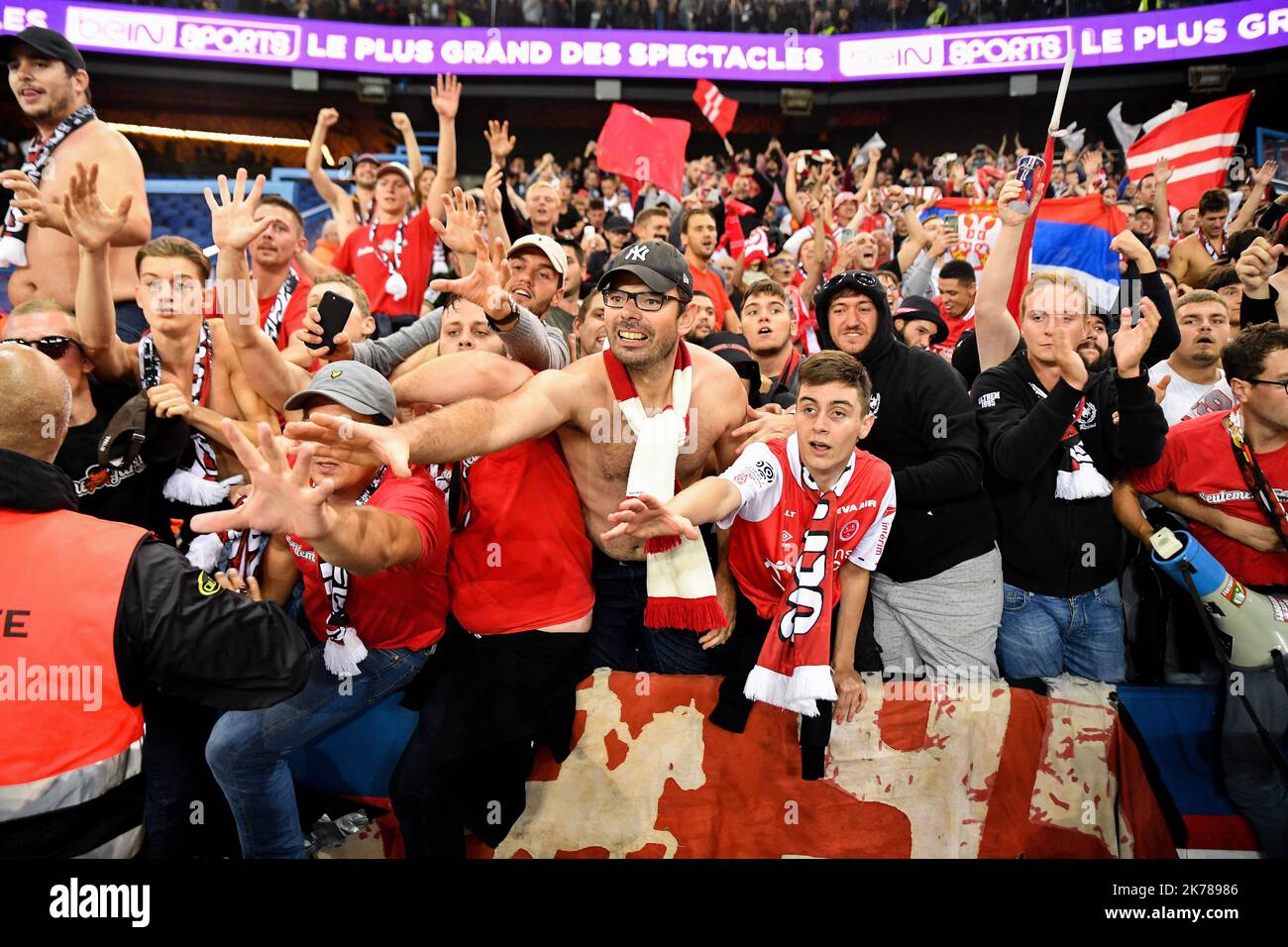 7th jour de la Ligue 1 Conforama. Joie des joueurs du stade de Reims après leur victoire de 2-0 contre Paris Saint Germain (PSG), au Parc des Princes, sur 25 septembre 2019. Banque D'Images