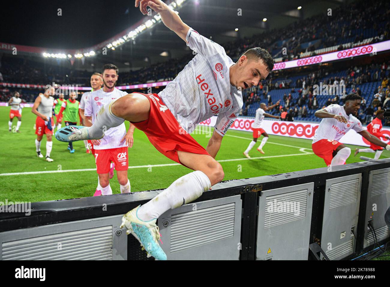 7th jour de la Ligue 1 Conforama. Joie des joueurs du stade de Reims après leur victoire de 2-0 contre Paris Saint Germain (PSG), au Parc des Princes, sur 25 septembre 2019. Banque D'Images