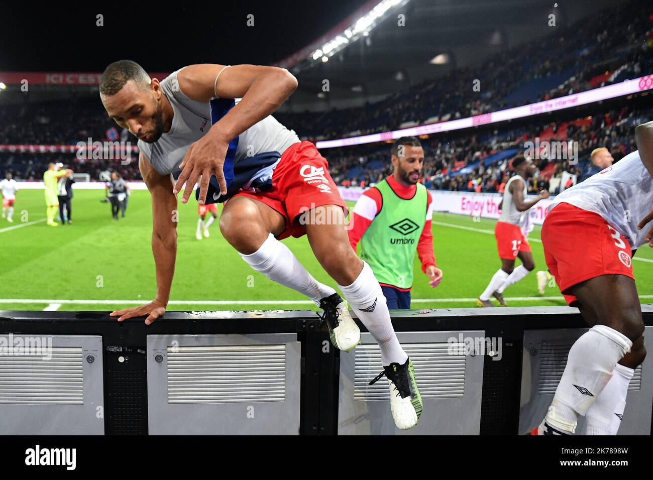 7th jour de la Ligue 1 Conforama. Joie des joueurs du stade de Reims après leur victoire de 2-0 contre Paris Saint Germain (PSG), au Parc des Princes, sur 25 septembre 2019. Banque D'Images