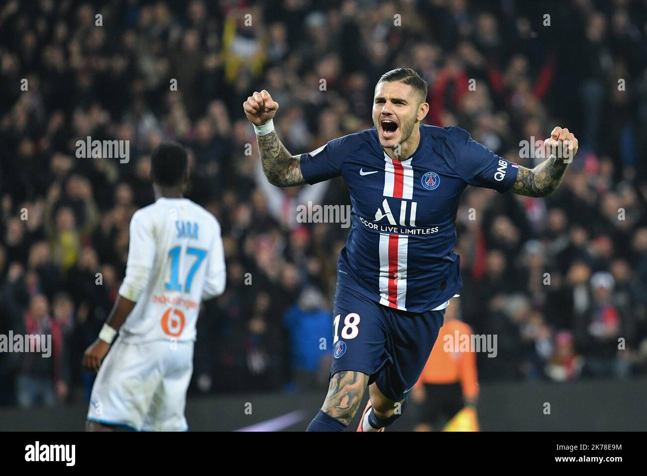 Olympique de Marseille joie de Mauro Icardi après son second but dans le 11th jour de la Ligue 1 Conforama, entre Paris Saint Germain (PSG) et Olympique Marseille (OM) le 27 octobre 2019 Banque D'Images