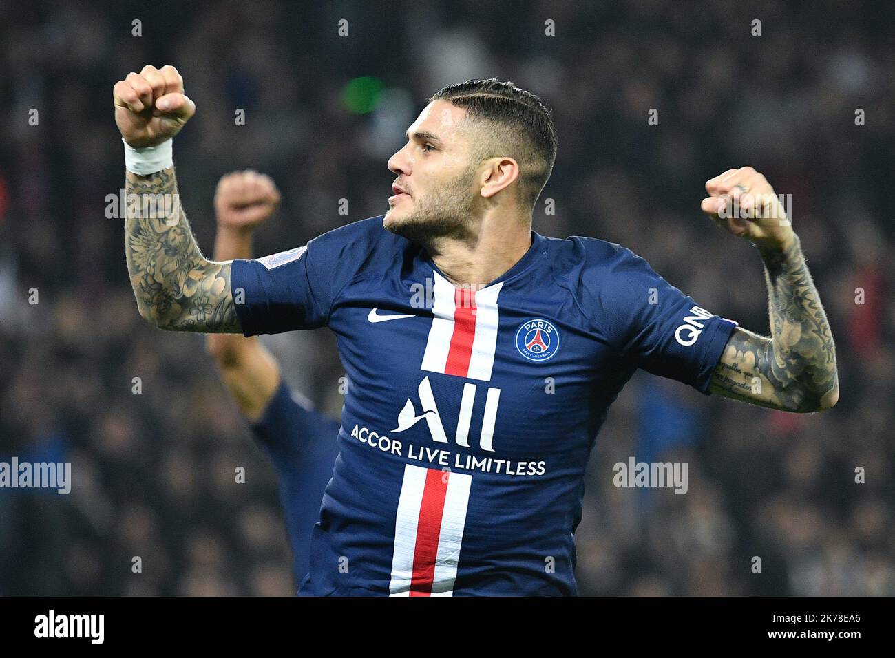 Olympique de Marseille joie de Mauro Icardi après son second but dans le 11th jour de la Ligue 1 Conforama, entre Paris Saint Germain (PSG) et Olympique Marseille (OM) le 27 octobre 2019 Banque D'Images