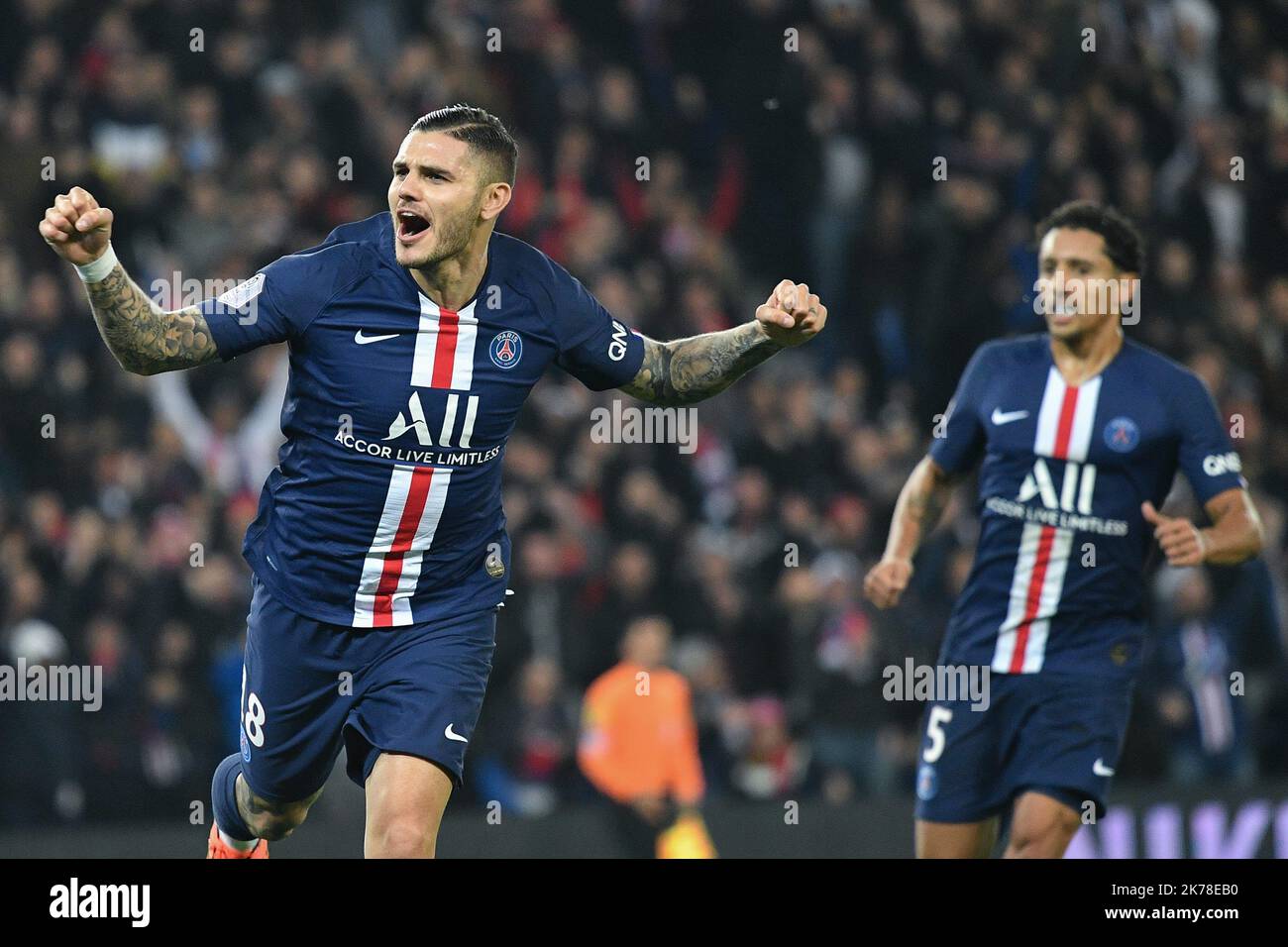 Olympique de Marseille joie de Mauro Icardi après son second but dans le 11th jour de la Ligue 1 Conforama, entre Paris Saint Germain (PSG) et Olympique Marseille (OM) le 27 octobre 2019 Banque D'Images