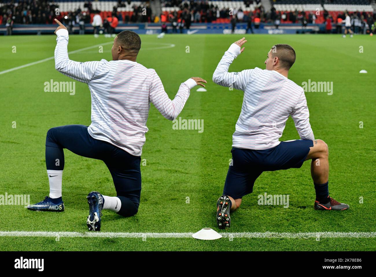 Olympique Marseille Marco Verratti et Kylian Mbappe pendant les 11th jours de la Ligue 1 Conforama, entre Paris Saint Germain (PSG) et Olympique Marseille (OM), 27 octobre 2019 Banque D'Images
