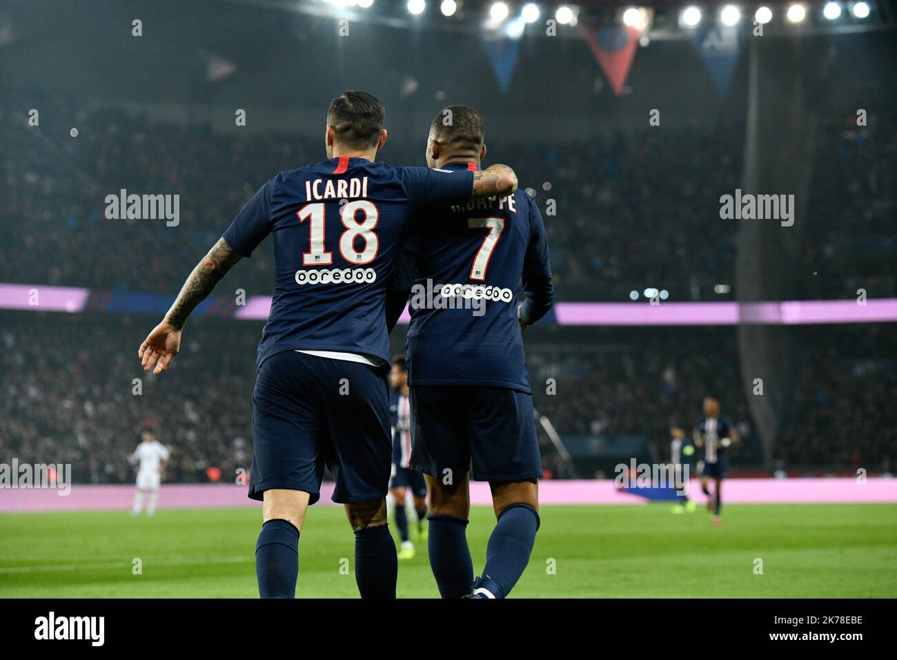 PSG / Olympique de Marseille joie de Kylian Mbappe après son second but au 11th jour de la Ligue 1 Conforama, entre Paris Saint Germain (PSG) et Olympique Marseille (OM), 27 octobre 2019 Banque D'Images