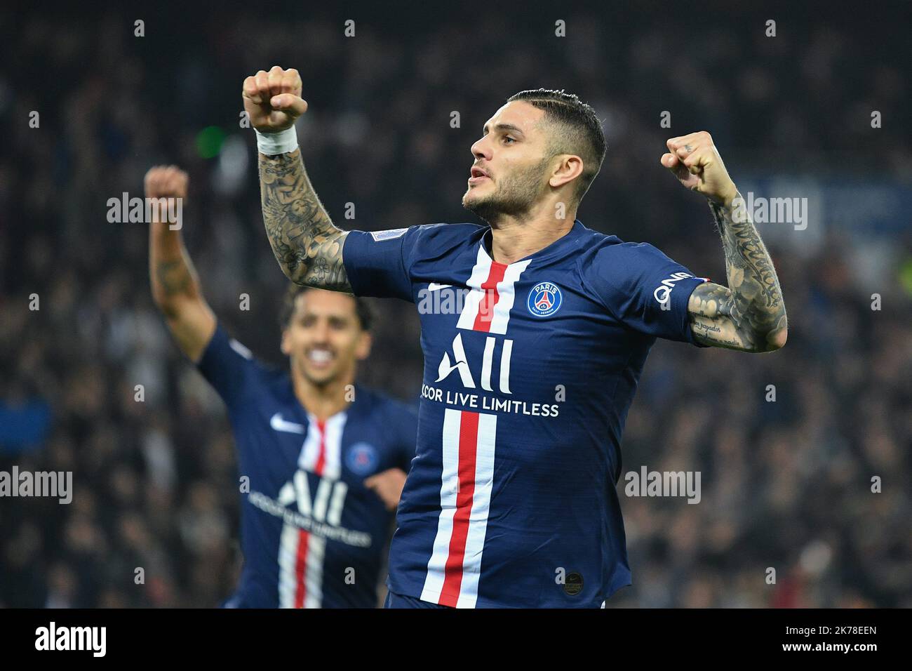 Olympique de Marseille joie de Mauro Icardi après son second but dans le 11th jour de la Ligue 1 Conforama, entre Paris Saint Germain (PSG) et Olympique Marseille (OM) le 27 octobre 2019 Banque D'Images