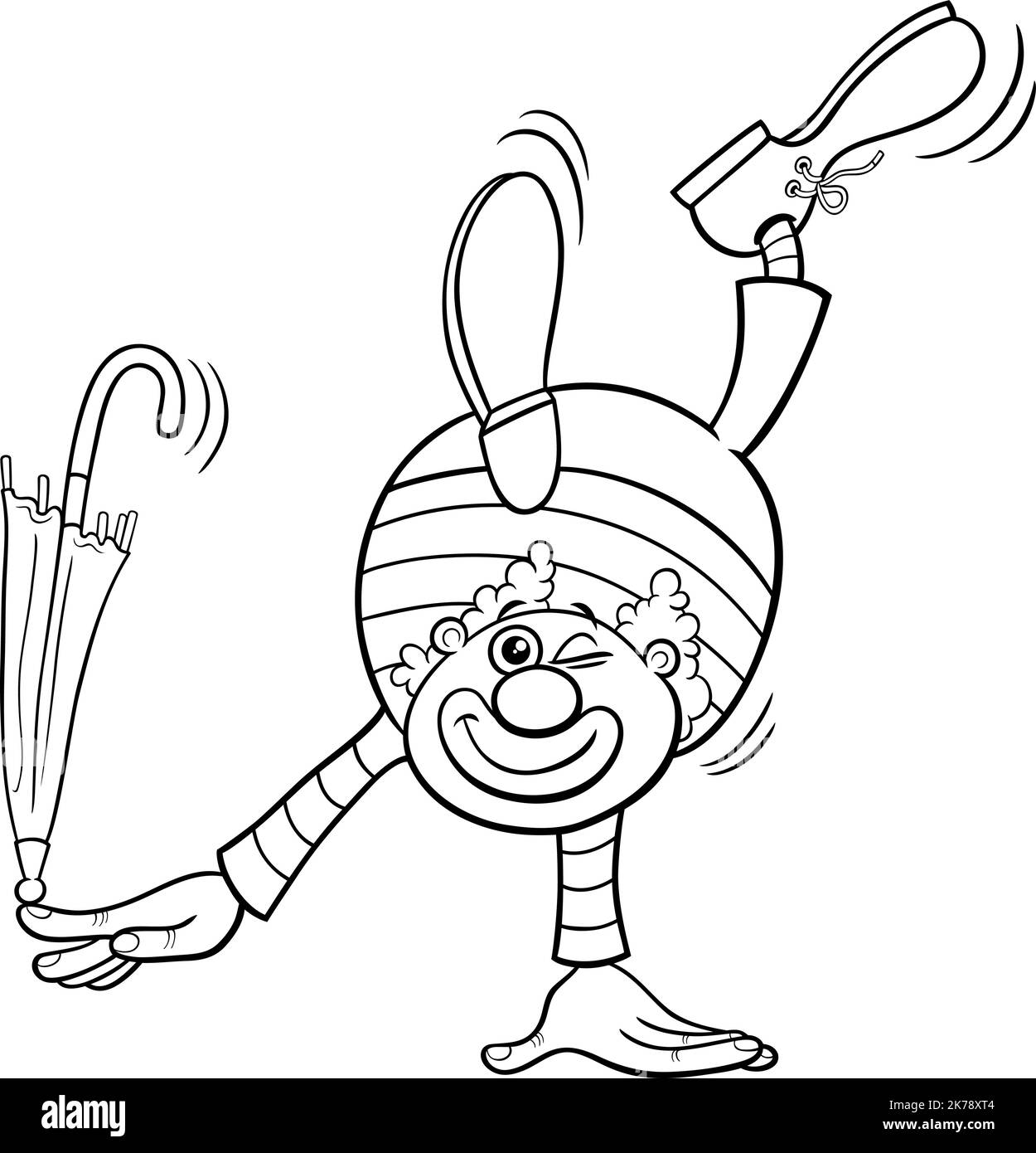 Dessin animé noir et blanc illustration de drôle clown personnage de bande dessinée avec parapluie coloriage page Illustration de Vecteur