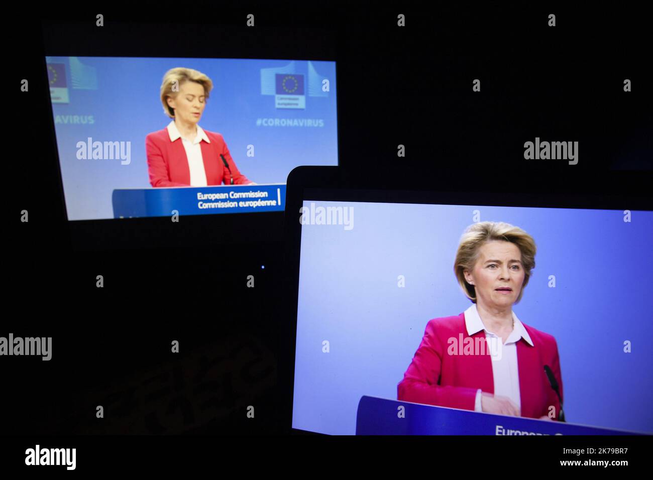 Â©Nicolas Landemard / le Pictorium / MAXPPP - Nicolas Landemard / le Pictorium - 09/04/2020 - Belgique / Bruxelles - Extrait video de la conférence de presse de Ursula Von Der Leyen concernan tle mesure europeennes face au coronavirus. / 09/04/2020 - Belgique / Bruxelles - extrait vidéo de la conférence de presse d'Ursula Von Der Leyen sur les mesures européennes contre le coronavirus. Banque D'Images