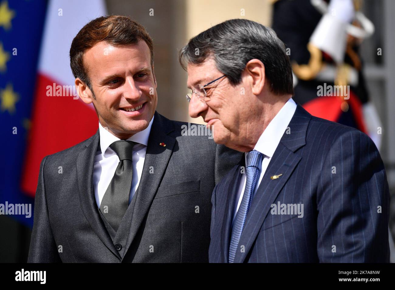 ©Julien Mattia / le Pictorium / MAXPPP - Julien Mattia / le Pictorium - 23/07/2020 - France / Ile-de-France / Paris - le Président Emmanuel Macron recevait au Palais de l'Elysée pour entretien, le Président de la République de Chypre, M. Nicos Anastasiades, le 23 juillet 2020. / 23/07/2020 - France / Ile-de-France (région) / Paris - le Président Emmanuel Macron a reçu au Palais de l'Elysée pour une interview, le Président de la République de Chypre, M. Nicos Anastasiades, sur 23 juillet 2020. Banque D'Images