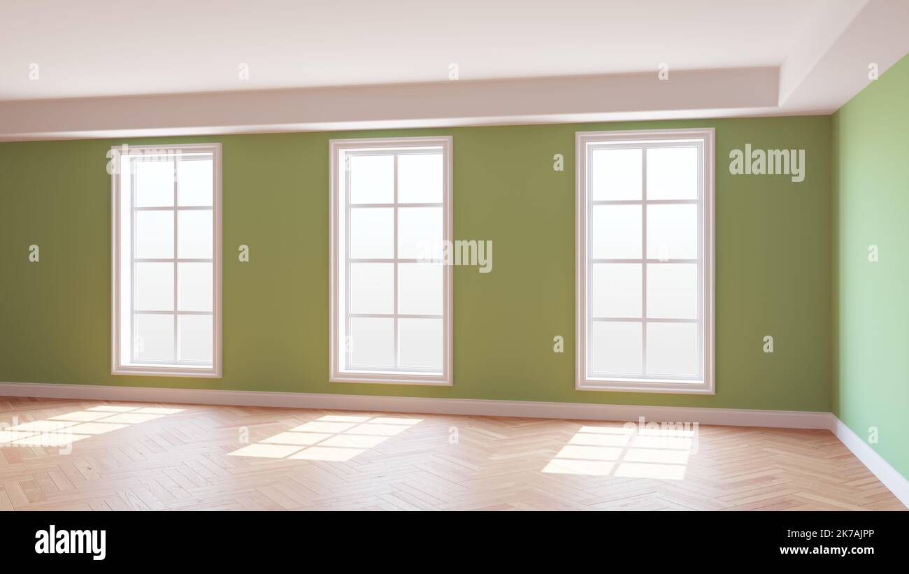 Intérieur ensoleillé avec murs verts, trois grandes fenêtres, parquet brillant à chevrons clair et un Plinth blanc. Magnifique concept de la chambre vide. Banque D'Images