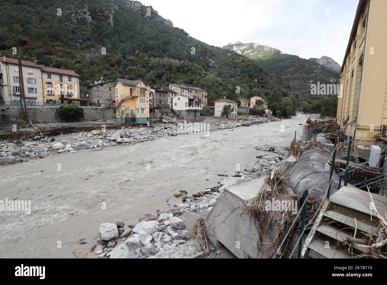 ©PHOTOPQR/NICE MATIN/Jean François Ottonello ; Vallée de la Roya ; 04/10/2020 ; OTTONELLO JEAN-FRANÇOIS - dimande 4 octobre 2020, vallée de la Roya - Fontan - TEMPÊTE ALEX ROYA APRÈS OCT 4 2020 Banque D'Images