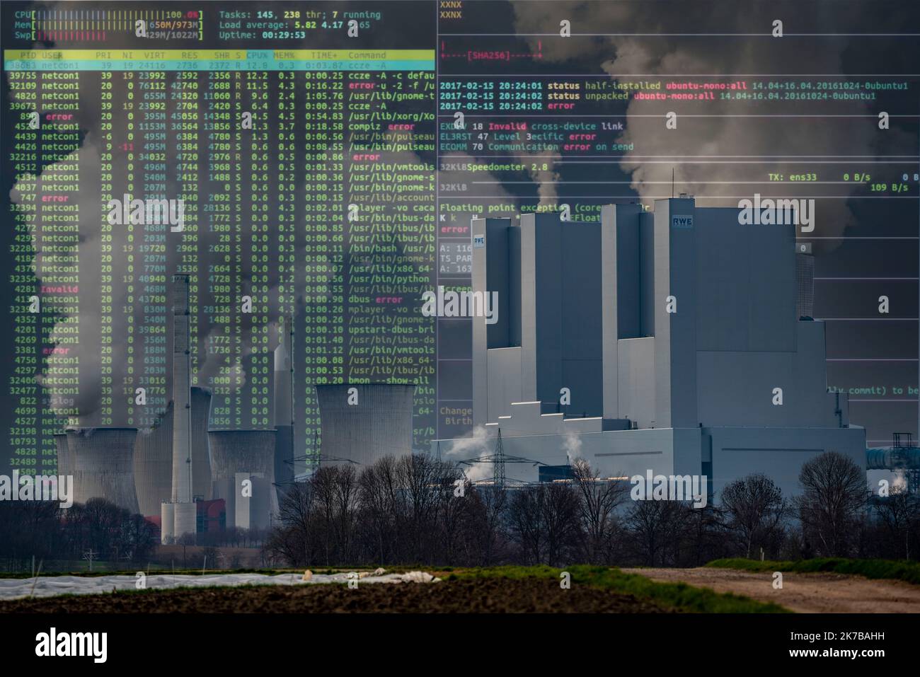 Image symbolique infrastructures critiques, danger d'occultation, cyberterrorisme, attaque de pirates informatiques, centrale électrique de Neurath au lignite, près de Grevenbroich, RWE Powe Banque D'Images