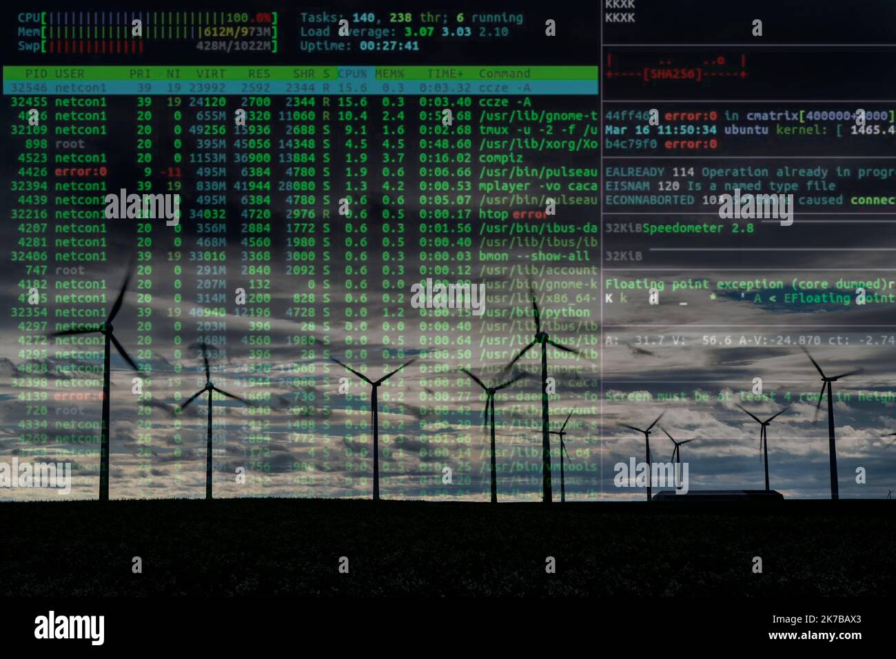 Image symbolique infrastructures critiques, danger d'occultation, cyberterrorisme, parc éolien près de Holzweiler, ville d'Erkelenz, tempête, vent fort, énergie éolienne p Banque D'Images