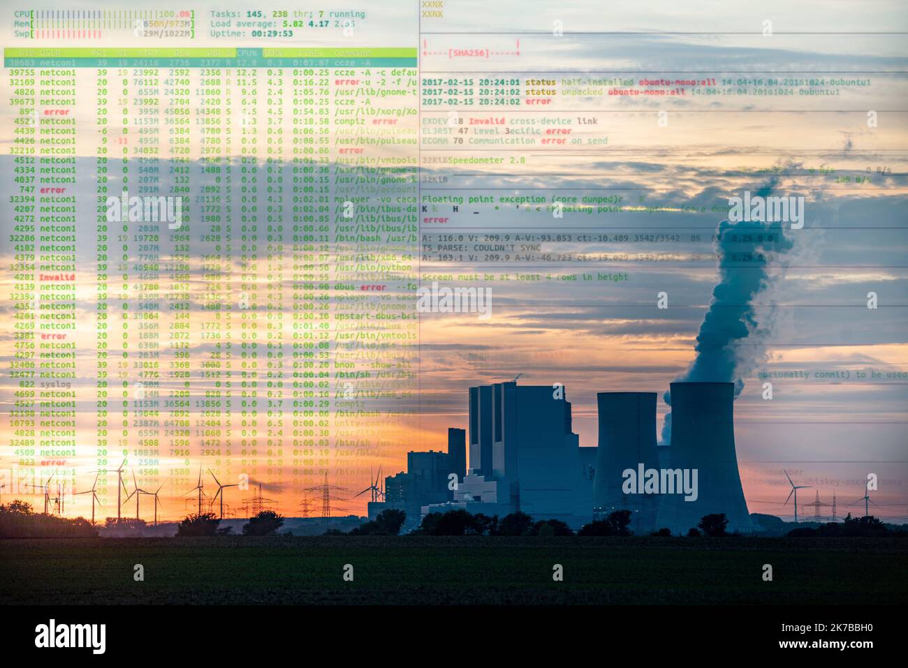 Image symbolique infrastructures critiques, danger de Blackout, cyber-terrorisme, la centrale électrique à lignite de RWE Neurath, près de Grevenbroich, la plus grande allemande Banque D'Images