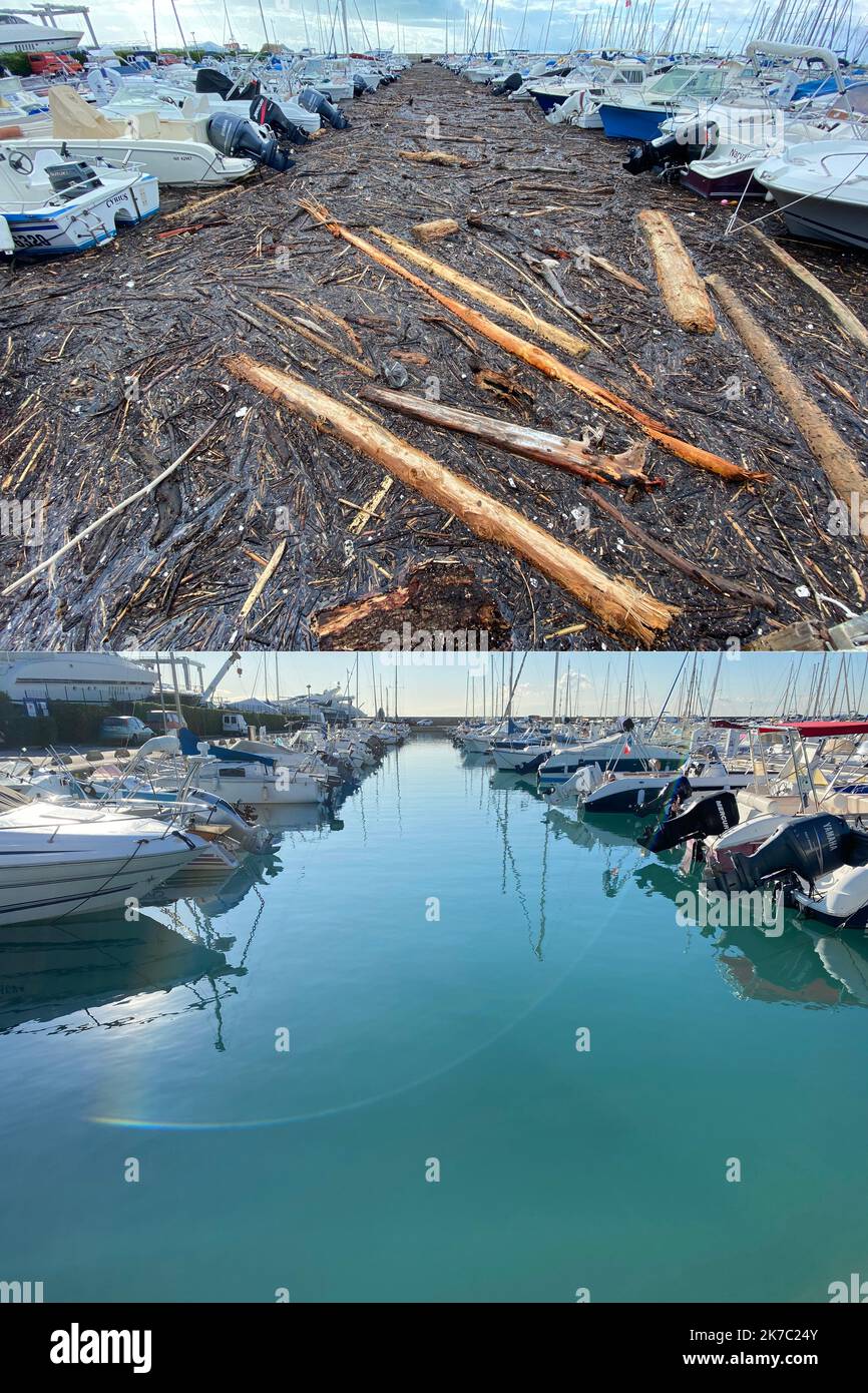 50 jours après la tête Alex qui a tendance à toucher les vallées de la Vésubie, de la Roya et de la Tinée dans l'arrière pays de Nice, le port de Saint Laurent du Var qui a été envahi par les débris de bois charrés par les rivières est nettoyé. Les équipes municipales ont Dû Trapper jour and nuit for enlever les tonnes de bois et de déchets plongeurs. 50 jours après la tempête Alex qui a frappé très durement les vallées de Vésubie, Roya et Tinée dans l'arrière-pays de Nice, le port de Saint Laurent du Var qui avait été envahi par les débris de bois transportés par les rivières est nettoyé. Le munic Banque D'Images