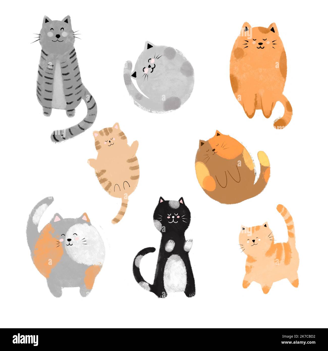 Illustration de chats mignons et drôles dessinés à la main. Collection de dessins animés de chats ou de chatons avec une couleur plate dans différentes poses Banque D'Images