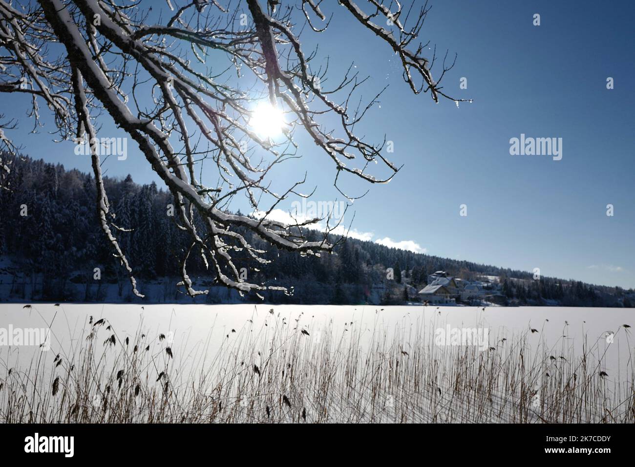 ©PHOTOPQR/LE PROGRES/Philippe TRIAS - 08/01/2021 - neige et glace, Haut-Jura, 8 janvier 2021. -Ambiance de paysage d'hiver dans le Jura. Les salaires du Jura ont revêtus leur plus beau marteau blanc. Entre lacs gelés et grandes échendues blanches, les images divergent magiques. Les eaux du Lac de l'Abbaye n'ont pas encore été réistées aux températures indigènes de ses derniers jours. - Fortes chutes de neige, montagnes du Jura en France. Banque D'Images