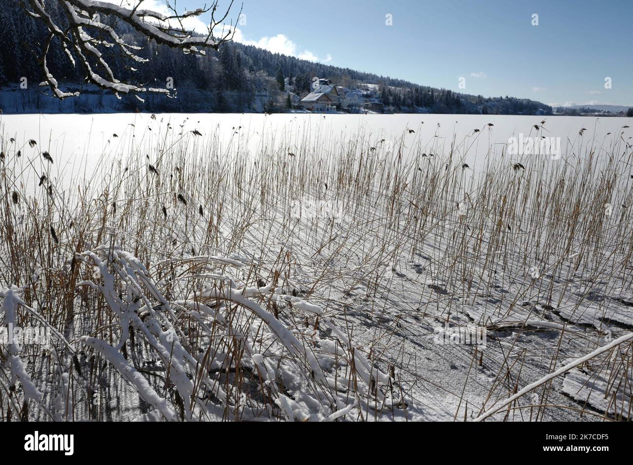 ©PHOTOPQR/LE PROGRES/Philippe TRIAS - 08/01/2021 - neige et glace, Haut-Jura, 8 janvier 2021. -Ambiance de paysage d'hiver dans le Jura. Les salaires du Jura ont revêtus leur plus beau marteau blanc. Entre lacs gelés et grandes échendues blanches, les images divergent magiques. Les eaux du Lac de l'Abbaye n'ont pas encore été réistées aux températures indigènes de ses derniers jours. - Fortes chutes de neige, montagnes du Jura en France. Banque D'Images