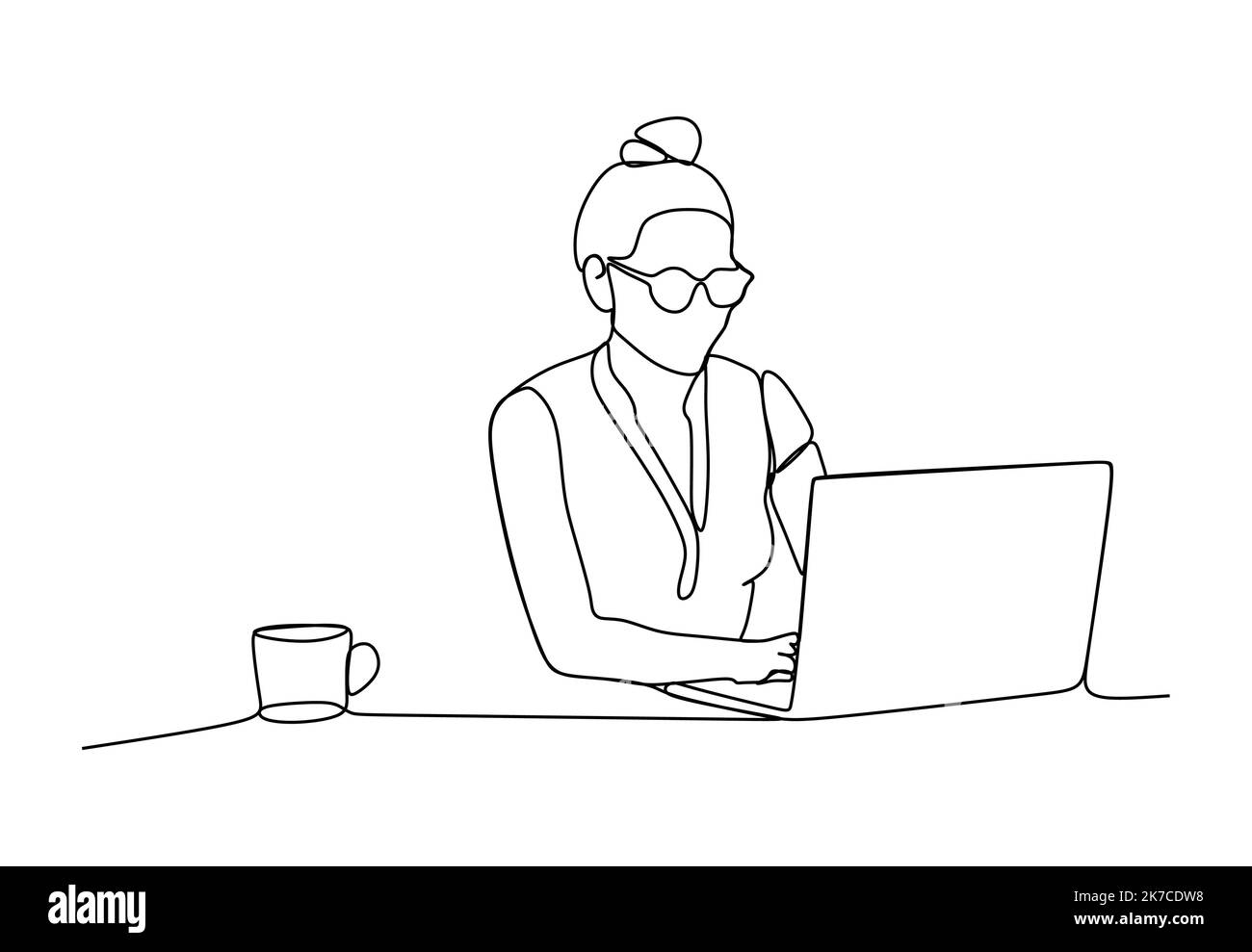 Femme d'affaires travaillant sur un ordinateur portable tout en ayant une tasse de café - dessin continu d'une ligne Illustration de Vecteur