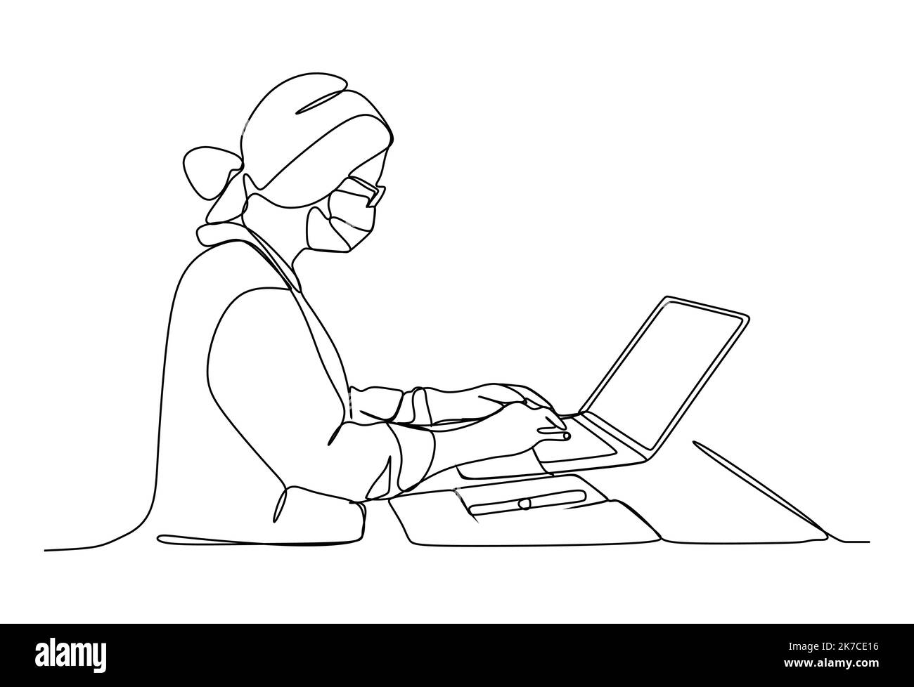 Femme d'affaires travaillant sur un ordinateur portable tout en portant un masque de protection pour prévenir l'infection virale - un dessin continu d'une ligne Illustration de Vecteur