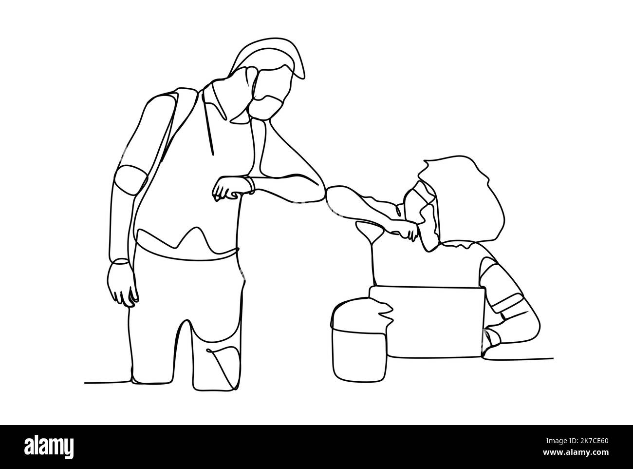 Partenaire d'affaires waring masque de protection, rencontrer et faire le coude bumting. Mise en plan continue d'une ligne Illustration de Vecteur